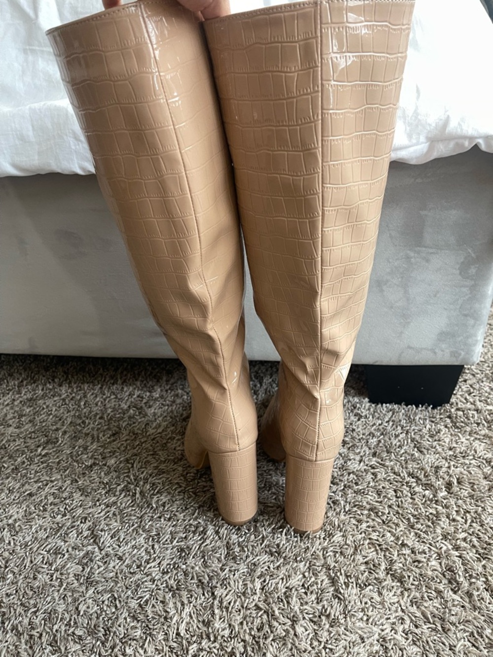 Croc-Embossed Over-the-Knee Pointed Toe Boots in Nude - Picture 2 of 7